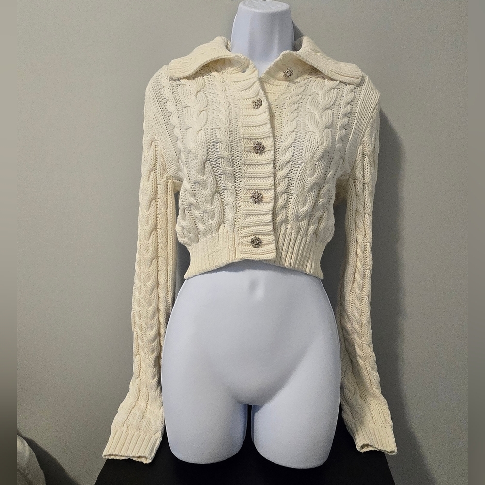 Ardene Cropped Cable Knit Cream Sweater XS-S
